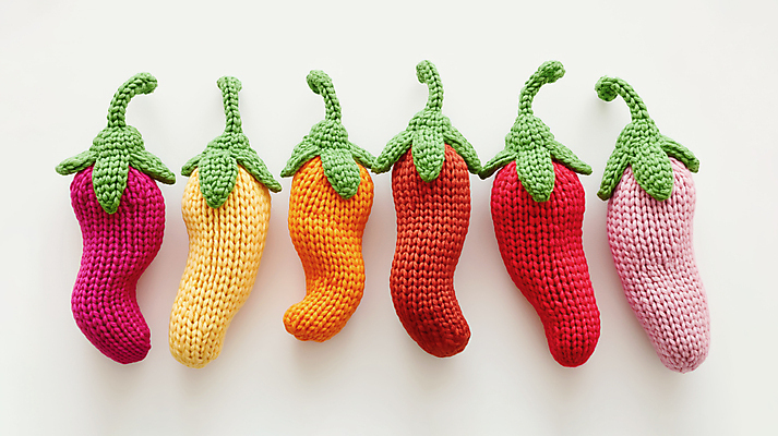 JPG 편집이미지 채소 고추 사람없음 귀여움 뜨개질 디지털합성 니트 매움 수공예 편집소스 편집실사 AI포토 AI콘텐츠 컨셉 상의 취미 맛 공예 CG 파일형식