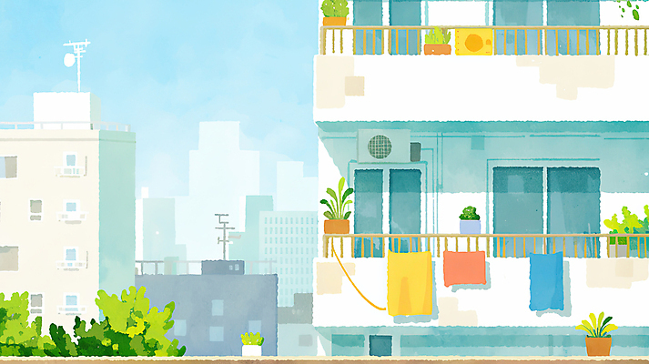 JPG 나무 화분 잎 일러스트 하늘 아파트 풍경 사람없음 건물 이불 도시 빨래 실외기 국내일러스트 AI일러스트 AI콘텐츠 식물 건축물 가사 침구 주택 파일형식