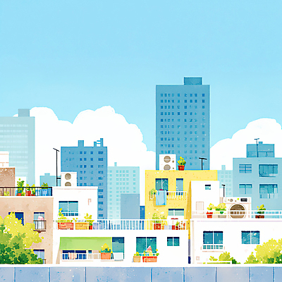 JPG 나무 구름 화분 잎 일러스트 하늘 아파트 풍경 사람없음 건물 이불 도시 천막 세탁기 실외기 국내일러스트 AI일러스트 AI콘텐츠 자연요소 식물 건축물 침구 주택 가전제품 파일형식