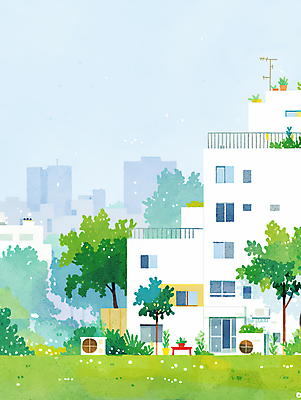 JPG 나무 화분 일러스트 하늘 아파트 풍경 잔디 사람없음 건물 도시 실외기 국내일러스트 AI일러스트 AI콘텐츠 식물 건축물 주택 파일형식