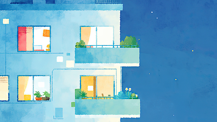 JPG 별 일러스트 창문 하늘 나뭇잎 아파트 풍경 사람없음 건물 야간 국내일러스트 AI일러스트 AI콘텐츠 자연요소 건축물 잎 주택 파일형식