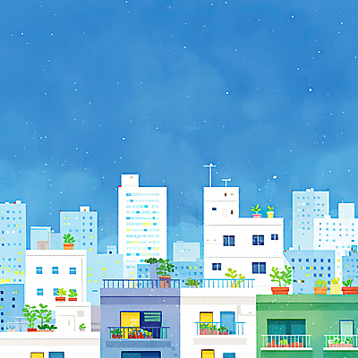 JPG 별 화분 야경 일러스트 하늘 나뭇잎 아파트 사람없음 건물 국내일러스트 AI일러스트 AI콘텐츠 자연요소 건축물 잎 주택 야간 파일형식 풍경_경치