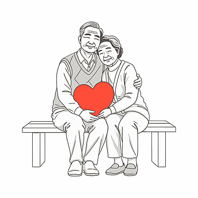 전신 캐릭터 라이프스타일 여자 할아버지 노년 남자 행복 할머니 벤치 라인일러스트 일러스트 흑백 미소 들기 앉기 두명 빨간색 노부부 기댐 하트 노인만 일러캐릭터 AI파일 모양 부부 감정 컬러 의자 모션 촬영기법 표정 사람 성인 생활 성인만 파일형식 벡터