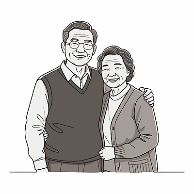 캐릭터 라이프스타일 여자 할아버지 노년 남자 행복 할머니 허리손 라인일러스트 일러스트 흑백 서기 미소 두명 노부부 기댐 동반자 노인만 안경낌 어깨에손 일러캐릭터 AI파일 부부 감정 안경 포즈 모션 촬영기법 표정 사람 성인 생활 성인만 파일형식 벡터