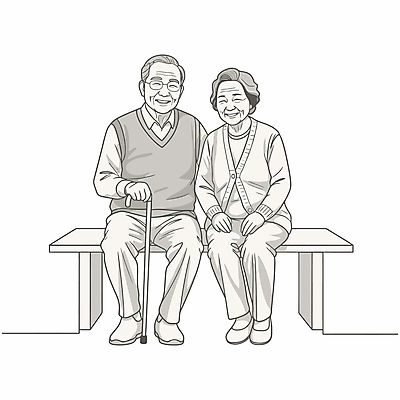 전신 캐릭터 라이프스타일 여자 할아버지 노년 남자 행복 할머니 벤치 라인일러스트 일러스트 지팡이 흑백 미소 앉기 두명 노부부 잡기 노인만 안경낌 일러캐릭터 AI파일 부부 감정 안경 의자 모션 촬영기법 표정 사람 성인 생활 성인만 파일형식 벡터