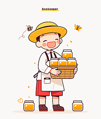 전신 남자 인물캐릭터 나비 일러스트 한명 서기 미소 들기 성인 노란색 바구니 앞치마 하트 꿀벌 밀짚모자 꿀 꿀단지 양봉 양봉장 성인남자한명만 일러캐릭터 AI파일 모양 캐릭터 모자_잡화 1 컬러 곤충 모션 표정 사람 벌_곤충 남자한명만 성인남자만 파일형식 벡터