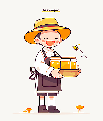 전신 남자 인물캐릭터 일러스트 한명 서기 미소 들기 성인 노란색 바구니 앞치마 버섯 꿀벌 밀짚모자 꿀 꿀단지 양봉 양봉장 성인남자한명만 일러캐릭터 AI파일 캐릭터 모자_잡화 1 컬러 모션 표정 사람 벌_곤충 남자한명만 성인남자만 파일형식 벡터