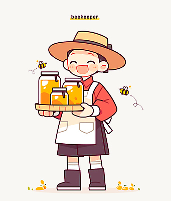 전신 남자 인물캐릭터 일러스트 한명 서기 미소 들기 성인 노란색 앞치마 꿀벌 밀짚모자 꿀 꿀단지 양봉 양봉장 성인남자한명만 일러캐릭터 AI파일 캐릭터 모자_잡화 1 컬러 모션 표정 사람 벌_곤충 남자한명만 성인남자만 파일형식 벡터