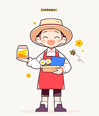 전신 남자 꽃 인물캐릭터 일러스트 한명 서기 미소 들기 성인 노란색 바구니 앞치마 꿀벌 밀짚모자 꿀 꿀단지 양봉 양봉장 성인남자한명만 일러캐릭터 AI파일 식물 캐릭터 모자_잡화 1 컬러 모션 표정 사람 벌_곤충 남자한명만 성인남자만 파일형식 벡터