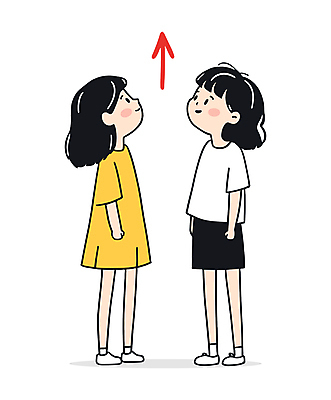 전신 여자 화살표 어린이 인물캐릭터 일러스트 가족 서기 미소 소녀 두명 마주보기 귀여움 올려보기 성장 키_신체 자매 동생 언니 소녀만 일러캐릭터 AI파일 캐릭터 컨셉 신체 관계 모션 표정 사람 여자만 어린이만 파일형식 벡터