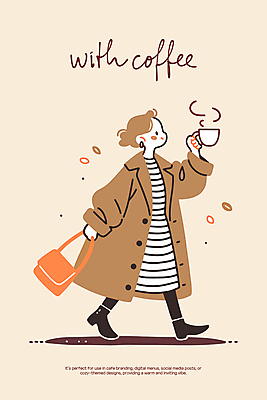 전신 여자 여유 커피 인물캐릭터 겨울 가방 일러스트 바람 나뭇잎 따뜻함 그림자 한명 미소 들기 성인 일상 걷기 귀걸이 코트 수증기 베이지색 성인여자한명만 2025년 트렌드컬러 일러캐릭터 모카무스 AI파일 자연요소 캐릭터 1 잡화 계절 감정 음료 컬러 잎 장신구 모션 날씨 표정 사람 라이프 외투 연도 여자한명만 성인여자만 파일형식 벡터