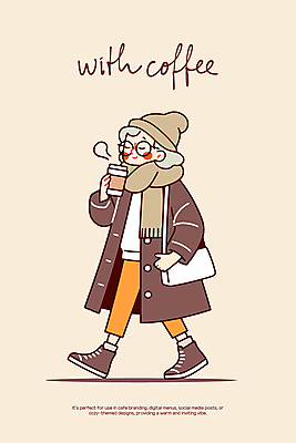 전신 여자 여유 커피 인물캐릭터 겨울 가방 일러스트 바람 털모자 따뜻함 그림자 한명 미소 들기 성인 일상 걷기 눈감음 목도리 코트 수증기 베이지색 성인여자한명만 안경낌 2025년 트렌드컬러 일러캐릭터 모카무스 AI파일 자연요소 캐릭터 모자_잡화 1 잡화 계절 감정 안경 음료 컬러 모션 날씨 표정 사람 라이프 외투 연도 여자한명만 성인여자만 파일형식 벡터