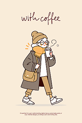전신 여자 여유 커피 인물캐릭터 겨울 가방 일러스트 바람 털모자 따뜻함 그림자 한명 미소 들기 성인 일상 걷기 목도리 코트 수증기 베이지색 성인여자한명만 안경낌 일러캐릭터 AI파일 자연요소 캐릭터 모자_잡화 1 잡화 계절 감정 안경 음료 컬러 모션 날씨 표정 사람 라이프 외투 여자한명만 성인여자만 파일형식 벡터