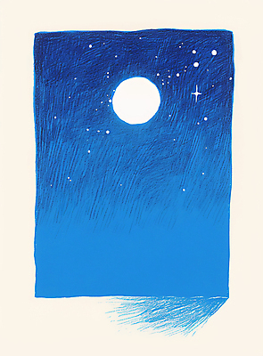 JPG 구름 일러스트 밤하늘 색연필 사람없음 파란색 고요 보름달 별빛 국내일러스트 AI일러스트 AI콘텐츠 자연요소 별 컬러 하늘 학용품 빛 달 야간 파일형식