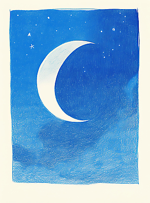 JPG 구름 일러스트 밤하늘 하늘 색연필 사람없음 파란색 고요 초승달 별빛 국내일러스트 AI일러스트 AI콘텐츠 자연요소 별 컬러 학용품 빛 달 야간 파일형식