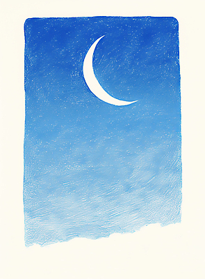 JPG 구름 일러스트 밤하늘 하늘 색연필 사람없음 파란색 고요 초승달 국내일러스트 AI일러스트 AI콘텐츠 자연요소 컬러 학용품 달 야간 파일형식