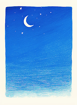 JPG 일러스트 밤하늘 색연필 사람없음 파란색 고요 초승달 별빛 수평선 국내일러스트 AI일러스트 AI콘텐츠 별 컬러 하늘 학용품 빛 달 야간 파일형식