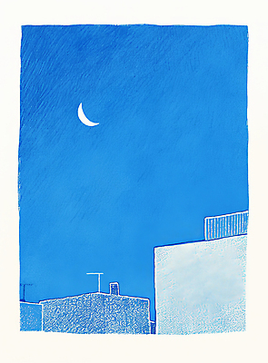 JPG 일러스트 밤하늘 하늘 색연필 사람없음 건물 파란색 고요 초승달 국내일러스트 AI일러스트 AI콘텐츠 건축물 컬러 학용품 달 야간 파일형식