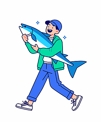 전신 남자 인물캐릭터 겨울 일러스트 어류 한명 웃음 들기 성인 파란색 반짝임 걷기 등푸른생선 물고기잡이 성인남자한명만 일러캐릭터 AI파일 캐릭터 1 계절 컬러 모션 표정 어업 사람 수중동물 남자한명만 성인남자만 파일형식 벡터