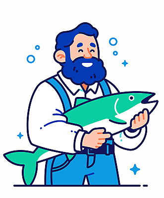 남자 인물캐릭터 겨울 일러스트 수염 작업복 어류 어업 한명 들기 성인 파란색 반짝임 등푸른생선 성인남자한명만 일러캐릭터 AI파일 캐릭터 1 옷 계절 산업 컬러 모션 사람 수중동물 남자한명만 성인남자만 파일형식 벡터