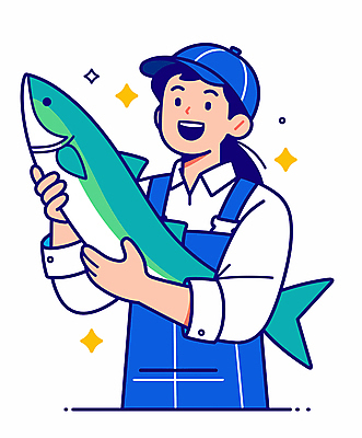 모자 여자 인물캐릭터 겨울 일러스트 작업복 어류 어업 한명 미소 들기 성인 파란색 반짝임 등푸른생선 성인여자한명만 일러캐릭터 AI파일 캐릭터 1 잡화 옷 계절 산업 컬러 모션 표정 사람 수중동물 여자한명만 성인여자만 파일형식 벡터