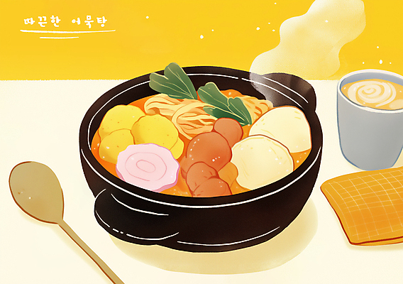 PSD 포스터 겨울 일러스트 따뜻함 사람없음 컵 노란색 숟가락 연기 냄비 어묵 수증기 우동 청경채 손수건 감성 어묵탕 국내일러스트 식기 계절 컬러 컨셉 채소 수저 면류 솥 탕 일본음식 파일형식