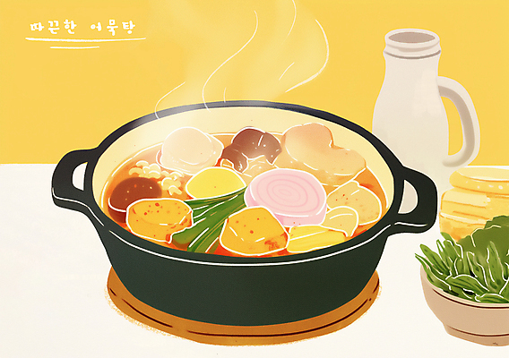 PSD 그릇 포스터 겨울 채소 일러스트 따뜻함 사람없음 노란색 연기 냄비 어묵 수증기 물병 감성 어묵탕 국내일러스트 식기 계절 컬러 컨셉 솥 물통 탕 파일형식