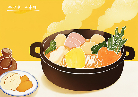 PSD 접시 포스터 겨울 일러스트 따뜻함 사람없음 노란색 연기 냄비 어묵 수증기 감성 어묵탕 국내일러스트 식기 계절 컬러 컨셉 솥 탕 파일형식