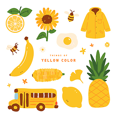 스티커 일러스트 해바라기 바나나 옥수수 사람없음 노란색 계란프라이 벌 레몬 스쿨버스 오브젝트 은행잎 데이지 우비 국내일러스트 AI파일 옷 꽃 컬러 곤충 잎 과일 버스 곡류 계란요리 파일형식 벡터