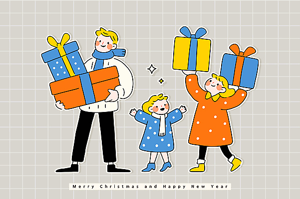 전신 여자 남자 딸 어린이 일러스트 가족 선물 서기 미소 들기 소녀 성인 세명 선물상자 반짝임 걷기 목도리 만세 아빠 국내일러스트 AI파일 잡화 관계 모션 표정 사람 상자 파일형식 벡터