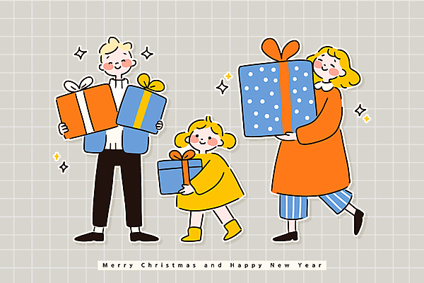 전신 여자 남자 딸 어린이 일러스트 가족 엄마 선물 서기 미소 들기 소녀 성인 세명 선물상자 반짝임 걷기 아빠 국내일러스트 AI파일 관계 모션 표정 사람 상자 파일형식 벡터