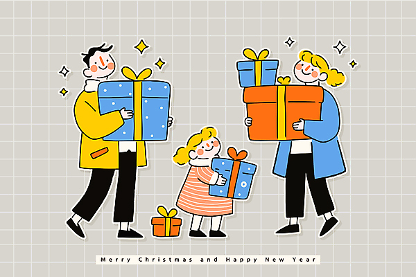 전신 여자 남자 딸 어린이 일러스트 가족 엄마 선물 서기 미소 들기 소녀 성인 세명 선물상자 반짝임 걷기 아빠 국내일러스트 AI파일 관계 모션 표정 사람 상자 파일형식 벡터