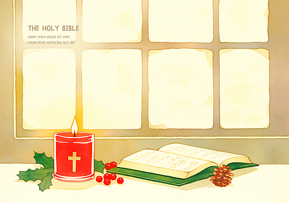 PSD 기독교 십자가 크리스마스 겨울 일러스트 초 창문 사람없음 빛 성경 천주교 솔방울 베이지색 호랑가시나무열매 카피스페이스 국내일러스트 계절 기념일 열매 종교 컬러 종교용품 공백 파일형식