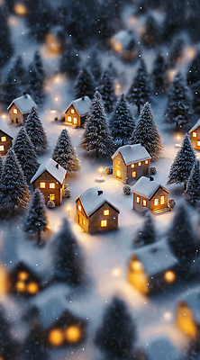 JPG 편집이미지 설경 야경 주택 사람없음 마을 고요 미니어처 눈 소나무 숲속 쌓인눈 눈내림 눈덮임 편집실사 AI포토 AI콘텐츠 자연요소 나무 컨셉 겨울 날씨 눈_날씨 풍경 건물 모형 야간 숲 CG 파일형식 풍경_경치