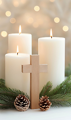 JPG 편집이미지 십자가 크리스마스 초 촛불 사람없음 보케 솔방울 솔잎 베이지색 편집실사 AI포토 AI콘텐츠 기념일 컬러 잎 CG 파일형식