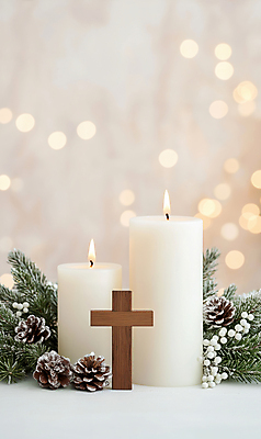 JPG 편집이미지 열매 십자가 크리스마스 초 촛불 사람없음 보케 솔방울 솔잎 베이지색 편집실사 AI포토 AI콘텐츠 식물 기념일 컬러 잎 CG 파일형식