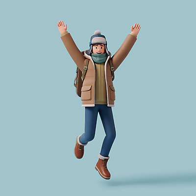 전신 PSD 편집이미지 남자 하늘색 배낭 털모자 3D캐릭터 한명 미소 성인 3D 점프 목도리 만세 겨울여행 패딩 성인남자한명만 편집3D 캐릭터 모자_잡화 1 잡화 여행 겨울 가방 모션 표정 사람 파란색 점퍼 디지털합성 남자한명만 성인남자만 파일형식