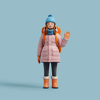 전신 PSD 편집이미지 여자 하늘색 배낭 털모자 3D캐릭터 한명 서기 미소 성인 3D 손들기 목도리 인사 겨울여행 패딩 성인여자한명만 편집3D 캐릭터 모자_잡화 1 잡화 여행 겨울 가방 모션 표정 사람 파란색 점퍼 예절 디지털합성 여자한명만 성인여자만 파일형식
