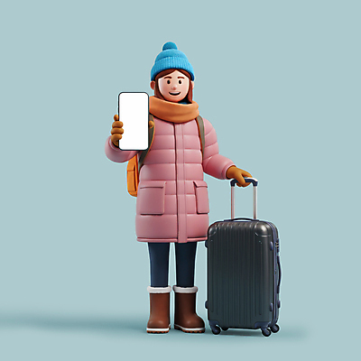 전신 PSD 편집이미지 여자 하늘색 배낭 털모자 3D캐릭터 한명 미소 들기 성인 스마트폰 3D 캐리어 목도리 잡기 손내밀기 겨울여행 패딩 성인여자한명만 편집3D 캐릭터 모자_잡화 1 잡화 여행 겨울 가방 모션 표정 사람 손짓 파란색 핸드폰 스마트기기 여행가방 점퍼 디지털합성 여자한명만 성인여자만 파일형식