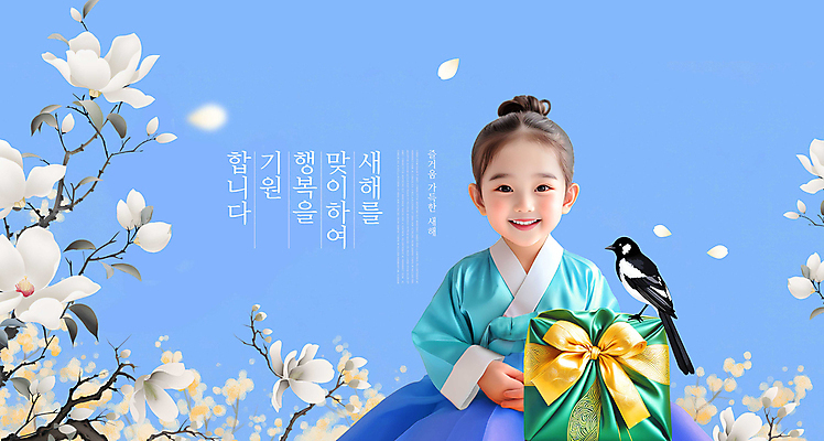 PSD 편집이미지 여자 어린이 선물 한명 미소 소녀 파란색 새해인사 보자기 한복 까치 손모으기 목련 소녀한명만 이미지편집 1 한국전통 꽃 컬러 조류 새해 표정 사람 손짓 인사 전통의상 여자한명만 소녀만 파일형식 천_직물