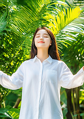 JPG 편집이미지 여자 셔츠 자연 팔벌리기 한명 미소 성인 햇빛 눈감음 봄 고개들기 야자수잎 의료성형뷰티 성인여자한명만 편집실사 AI인물포토 AI콘텐츠 1 계절 상의 잎 모션 표정 사람 태양 CG 생태계 여자한명만 성인여자만 파일형식 AI포토