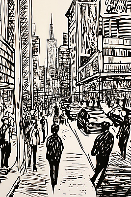 JPG 일러스트 자동차 거리 흑백 여러명 성인 건물 도시 보행자 군중 혼잡 스케치 판화 성인만 국내일러스트 AI일러스트 AI콘텐츠 건축물 육상교통 다수 촬영기법 미술 사람 파일형식