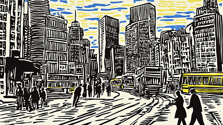 JPG 일러스트 거리 대중교통 흑백 빌딩 여러명 성인 건물 도시 보행자 군중 스케치 판화 성인만 국내일러스트 AI일러스트 AI콘텐츠 건축물 교통수단 다수 촬영기법 미술 사람 파일형식