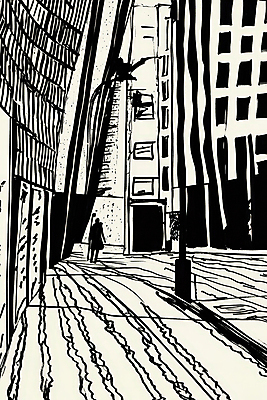 JPG 실루엣 가로등 일러스트 흑백 그림자 한명 빌딩 성인 건물 도시 보행자 골목길 스케치 판화 성인한명만 국내일러스트 AI일러스트 AI콘텐츠 1 건축물 공공시설 길 촬영기법 미술 사람 성인만 파일형식