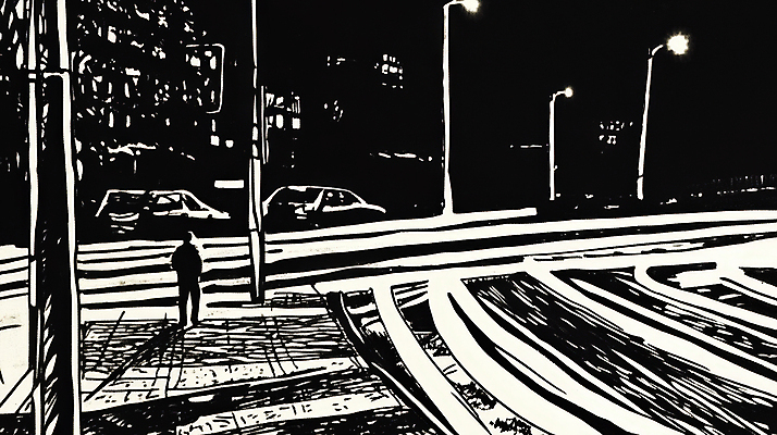 JPG 실루엣 가로등 일러스트 자동차 흑백 그림자 한명 성인 건물 빛 어둠 도시 보행로 야간 스케치 판화 성인한명만 국내일러스트 AI일러스트 AI콘텐츠 자연요소 1 건축물 공공시설 길 육상교통 촬영기법 미술 사람 성인만 파일형식