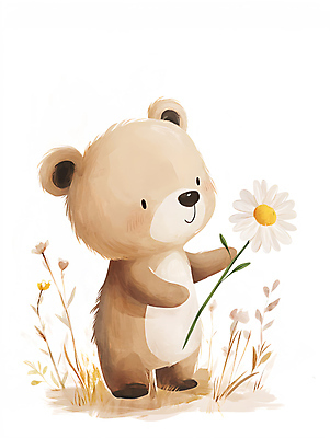 JPG 한마리 일러스트 곰 서기 미소 들기 사람없음 귀여움 데이지 아기곰 국내일러스트 AI일러스트 AI콘텐츠 동물 1 꽃 새끼 컨셉 포유류 모션 표정 파일형식