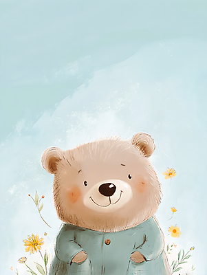 JPG 한마리 꽃 일러스트 곰 하늘 미소 사람없음 귀여움 국내일러스트 AI일러스트 AI콘텐츠 식물 동물 1 컨셉 포유류 표정 파일형식