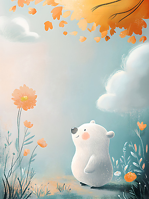 JPG 구름 한마리 꽃 단풍 일러스트 곰 하늘 미소 사람없음 빛 귀여움 올려보기 국내일러스트 AI일러스트 AI콘텐츠 자연요소 식물 동물 1 컨셉 잎 포유류 모션 표정 파일형식