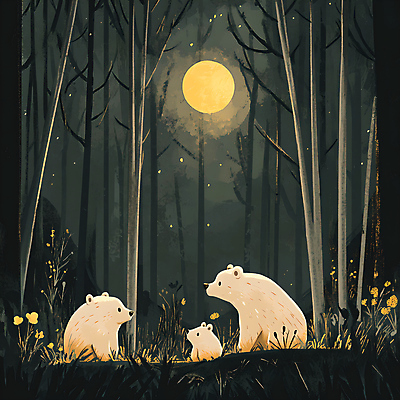 JPG 나무 응시 꽃 일러스트 곰 사람없음 귀여움 숲속 달빛 별빛 동물가족 국내일러스트 AI일러스트 AI콘텐츠 식물 동물 시선 별 컨셉 포유류 가족 빛 달 숲 파일형식
