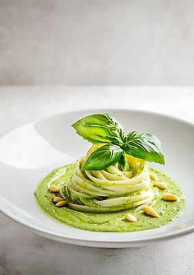 JPG 편집이미지 접시 잎 파스타 사람없음 초록색 잣 바질 플레이팅 편집실사 AI포토 AI콘텐츠 식물 식기 컬러 서양음식 견과류 상차림 CG 파일형식